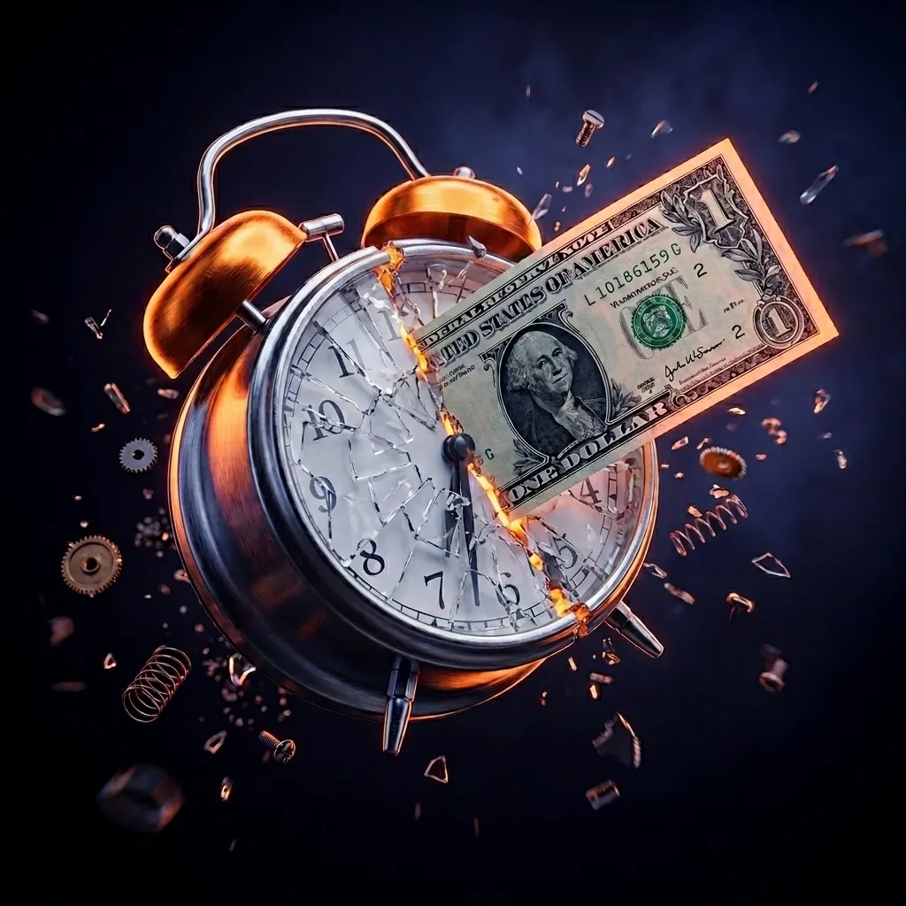 Alarm clock destroyed by a dollar bill